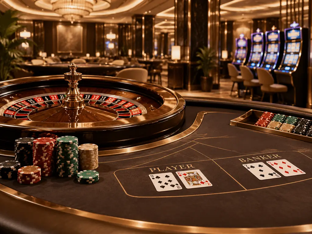 Ruang kasino bernuansa pasir dengan meja roulette dan baccarat