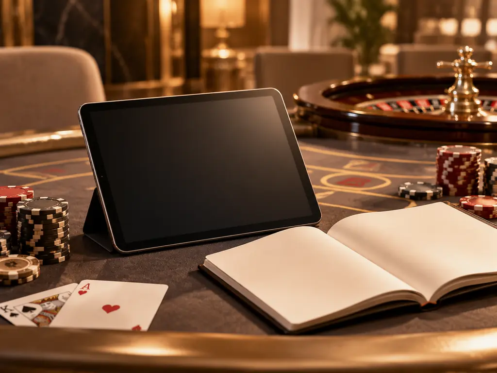 Tablet dan buku panduan terbuka di dekat meja kasino