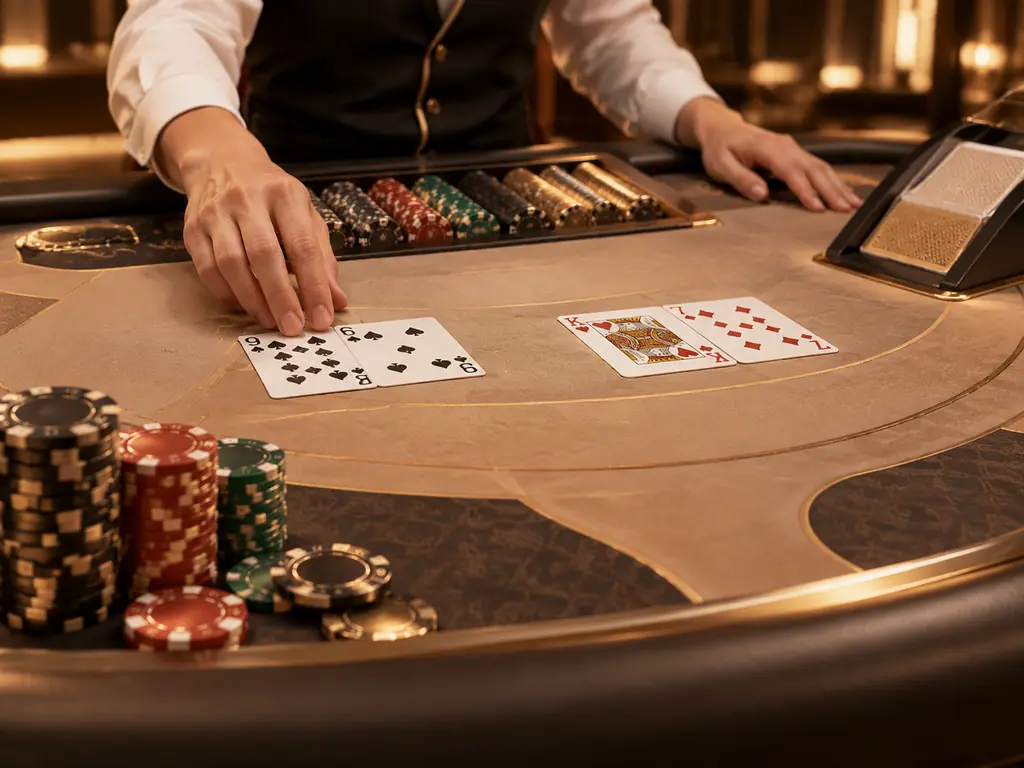 Meja baccarat dengan kartu dan chip di studio kasino