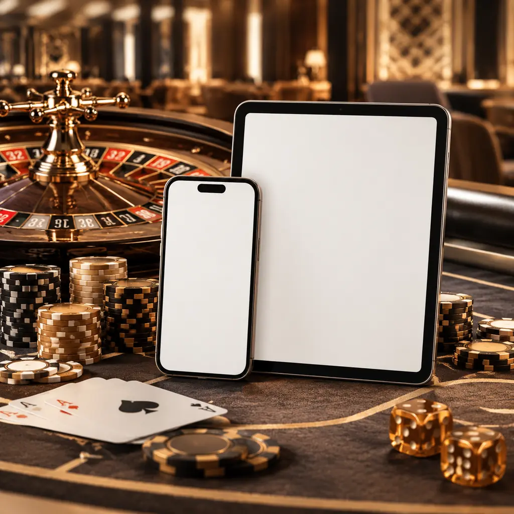 Ponsel dan tablet di dekat meja roulette kasino