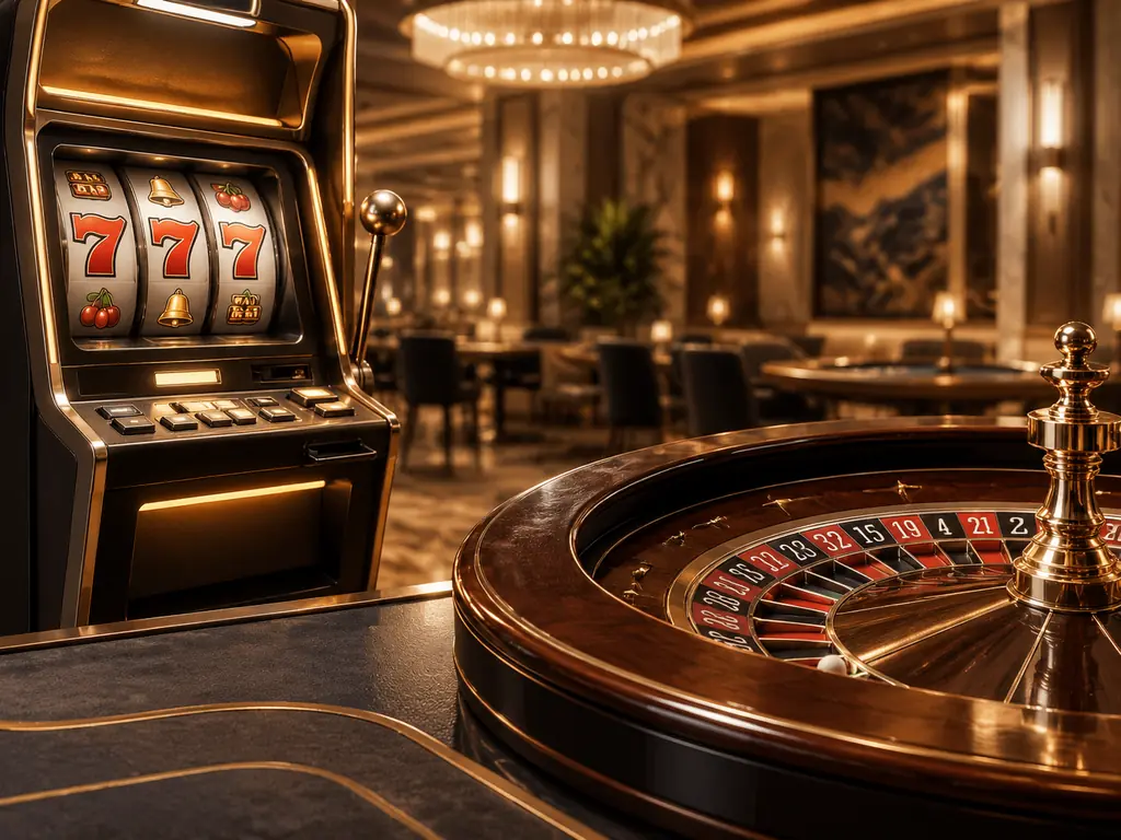 Perangkat slot dan meja roulette dalam ruang kasino