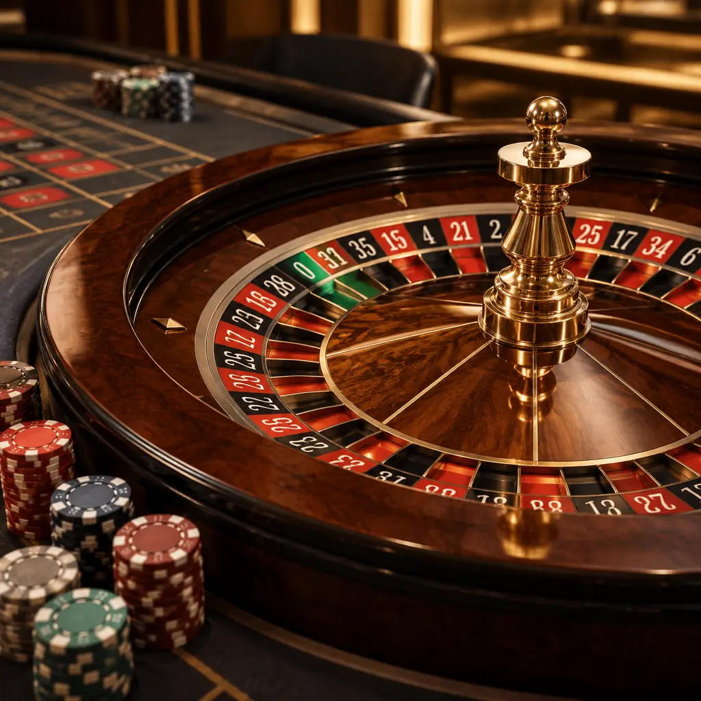 Roda roulette dengan satu nol dan chip di meja kasino