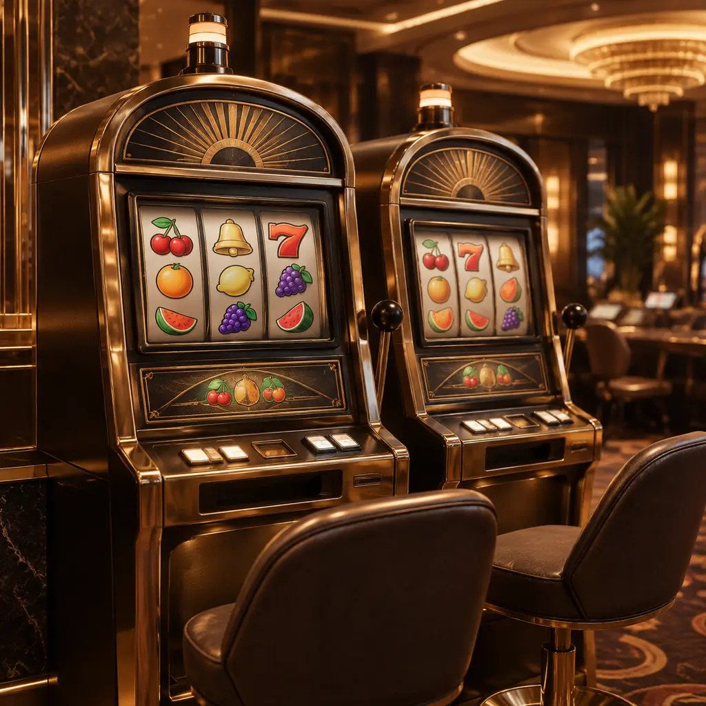 Dua mesin slot dengan simbol buah di ruang kasino