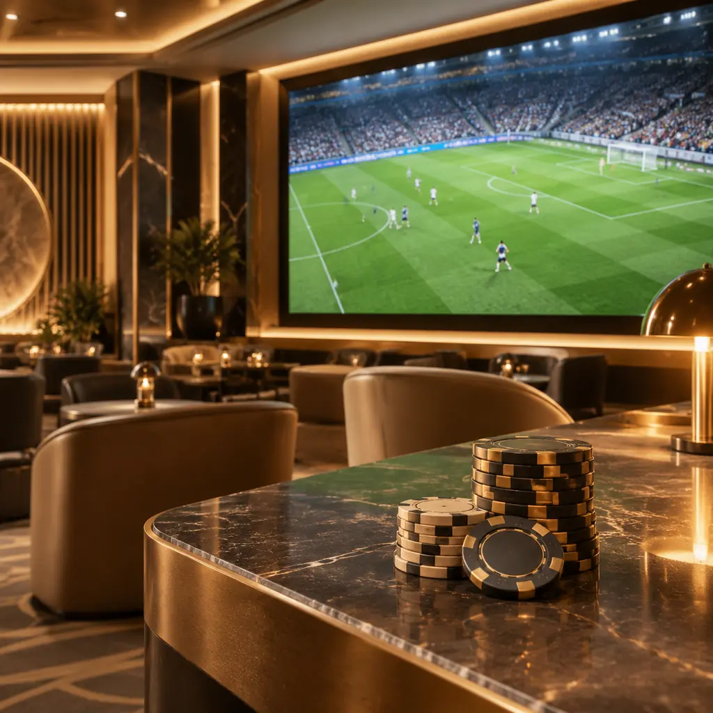 Layar pertandingan sepak bola di area sportsbook kasino